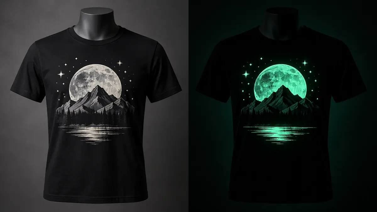 Koszulka z nadrukiem glow in the dark – wygląd w świetle i po zgaszeniu światła